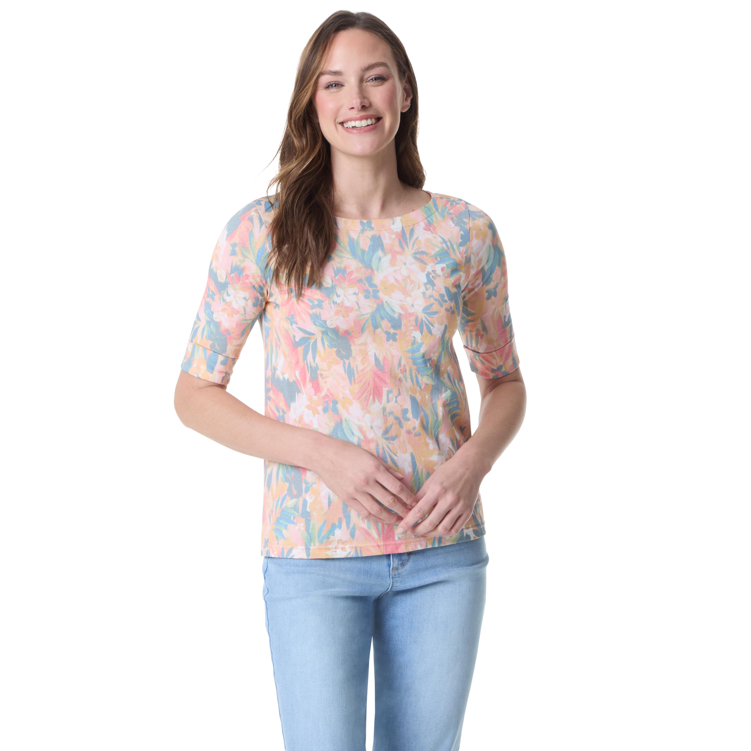 Gloria Vanderbilt Women's Alanis Boat Neck Knit Tee Shirt with Elbow Sleeves Standard