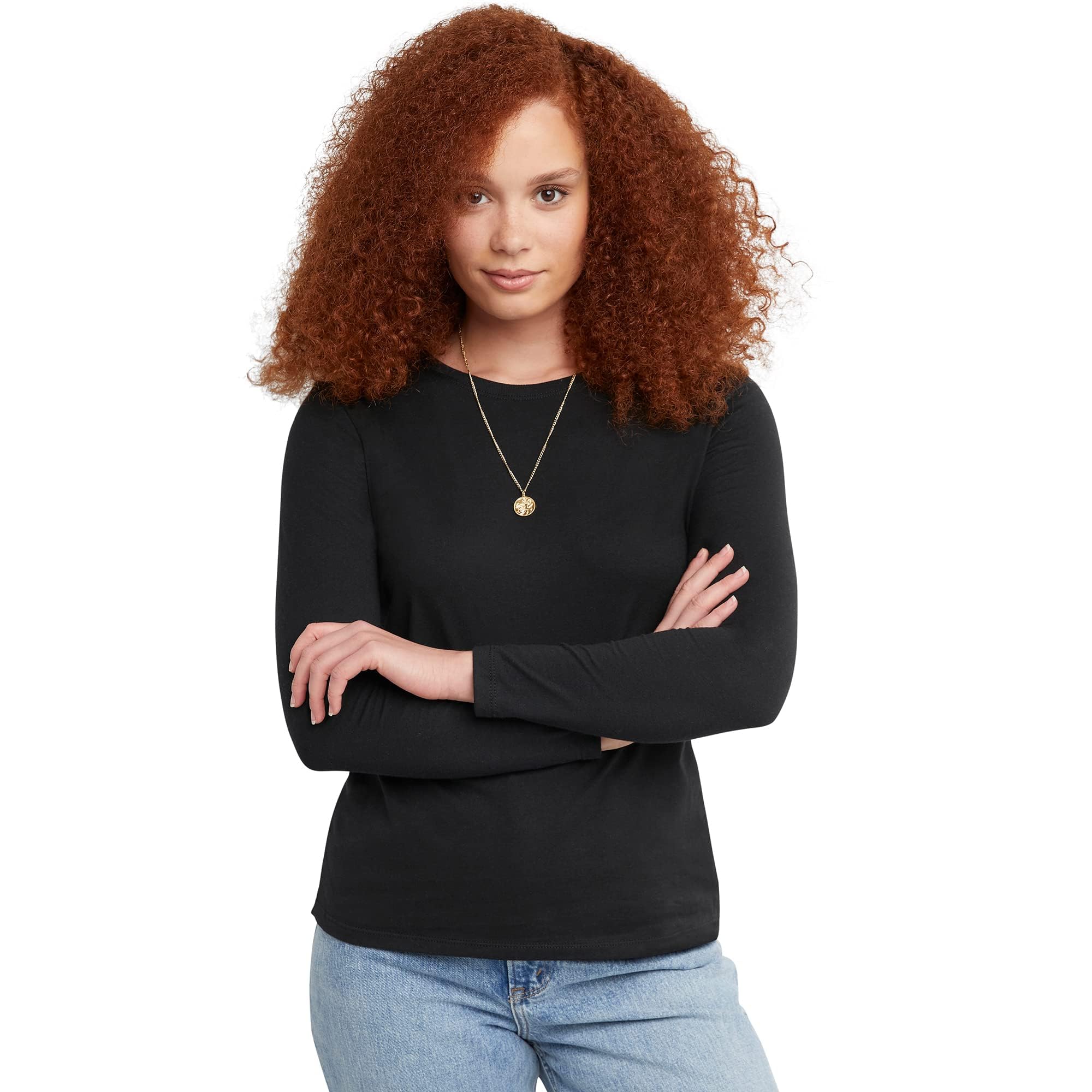 Hanes Women's Originals Long Sleeve Cotton T-Shirt, Lightweight Crewneck Tee, Modern Fit