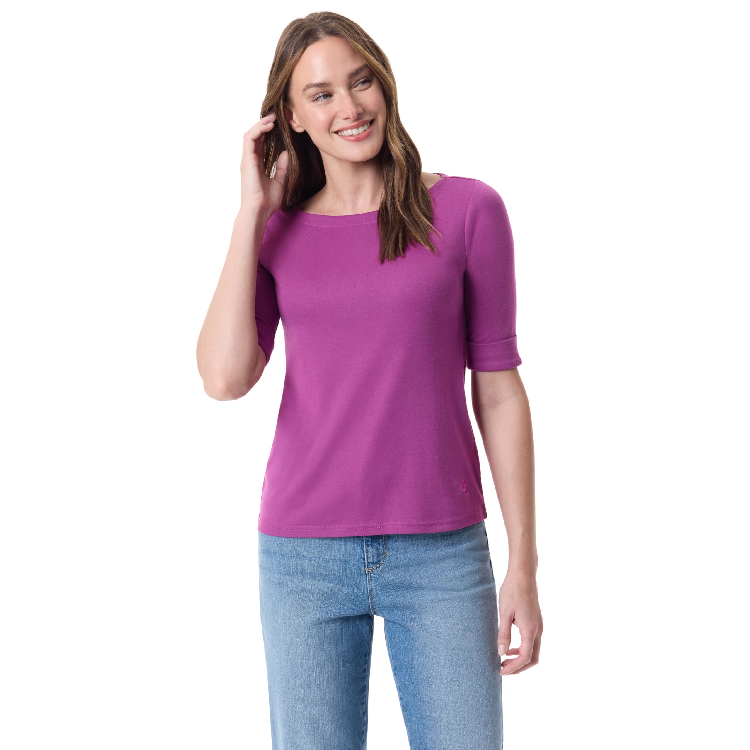 Gloria Vanderbilt Women's Alanis Boat Neck Knit Tee Shirt with Elbow Sleeves Standard