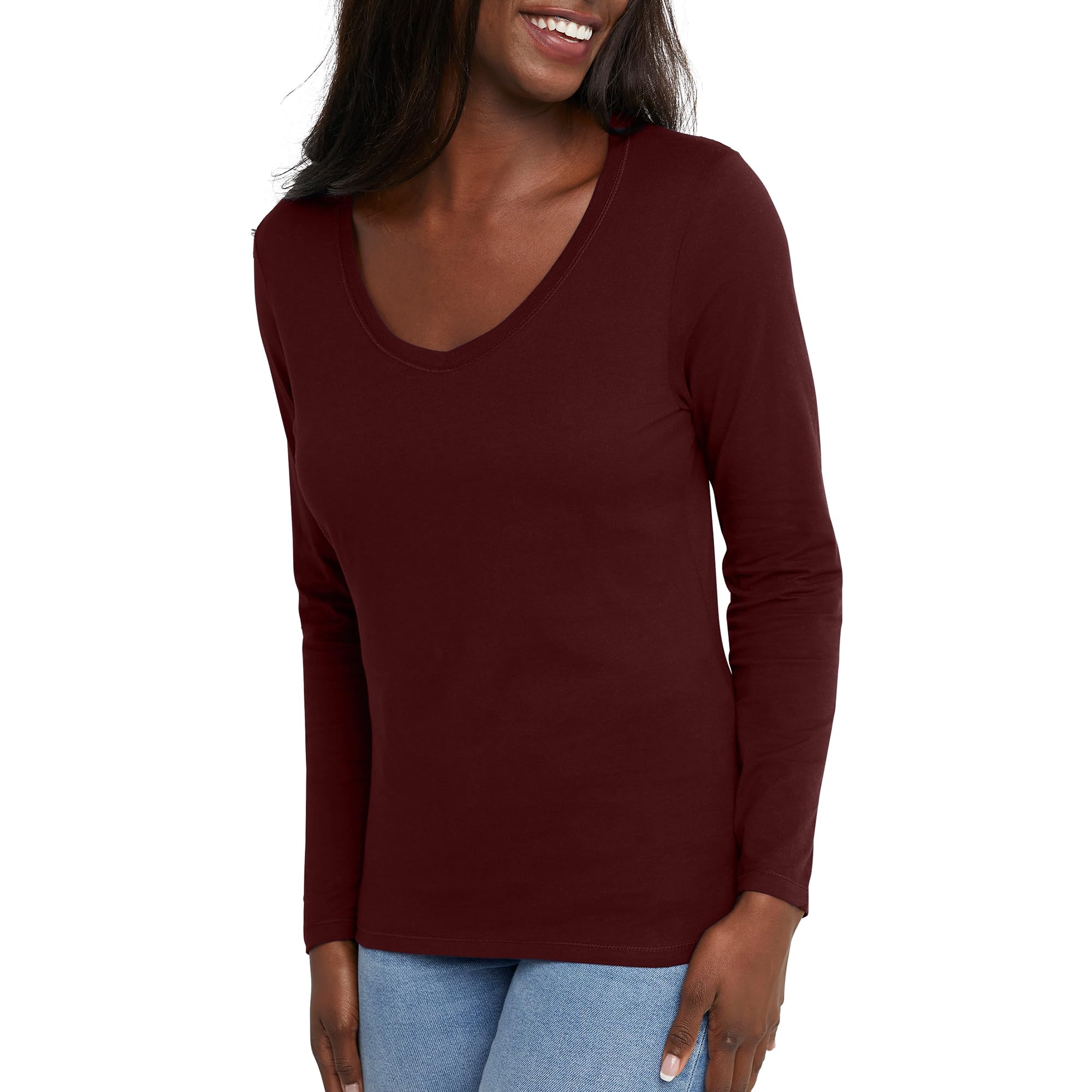 Hanes Women's Long Sleeve Cotton V-Neck T-Shirt, Lightweight V-Neck Tee, Modern Fit