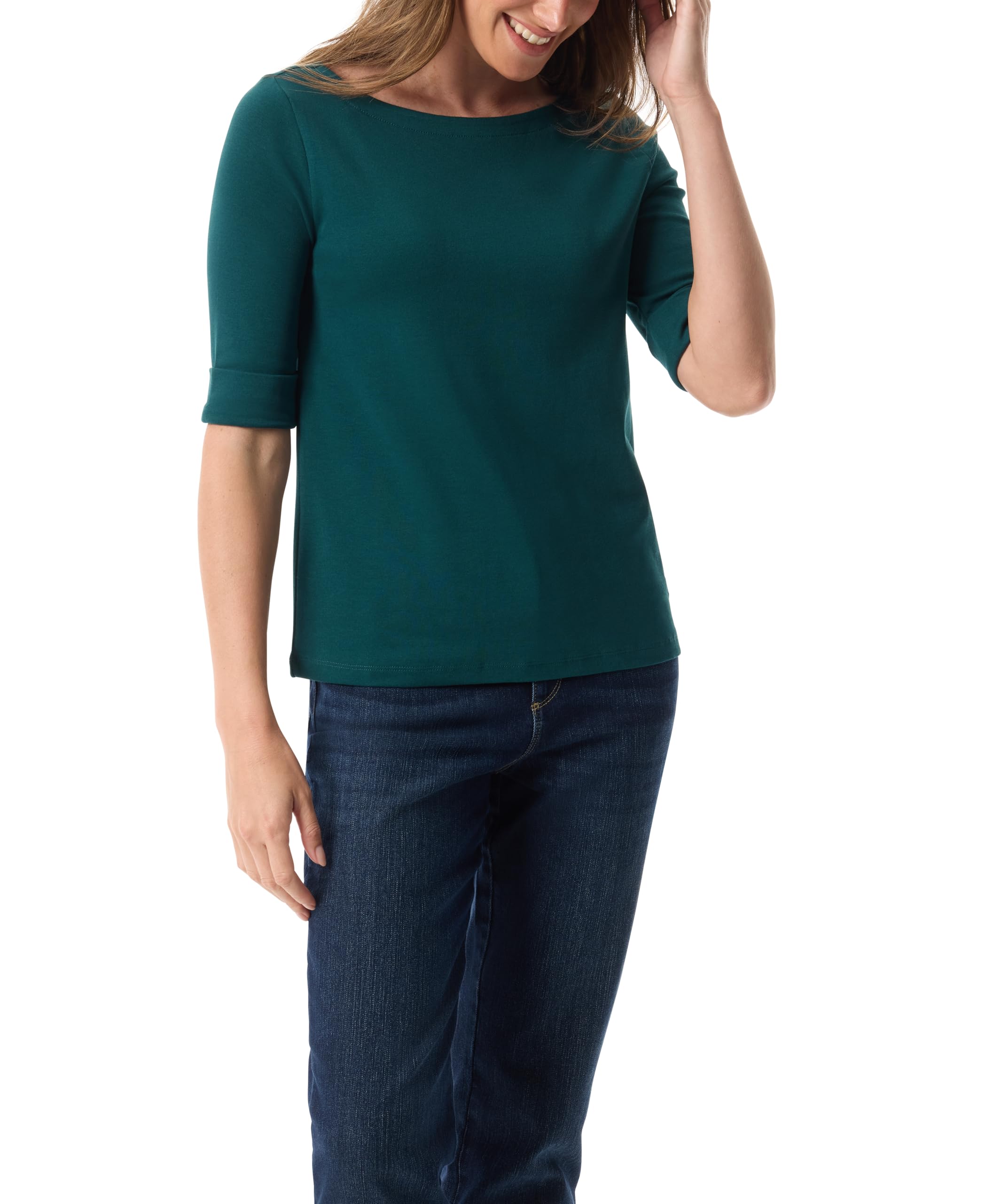 Gloria Vanderbilt Women's Alanis Boat Neck Knit Tee Shirt with Elbow Sleeves Standard