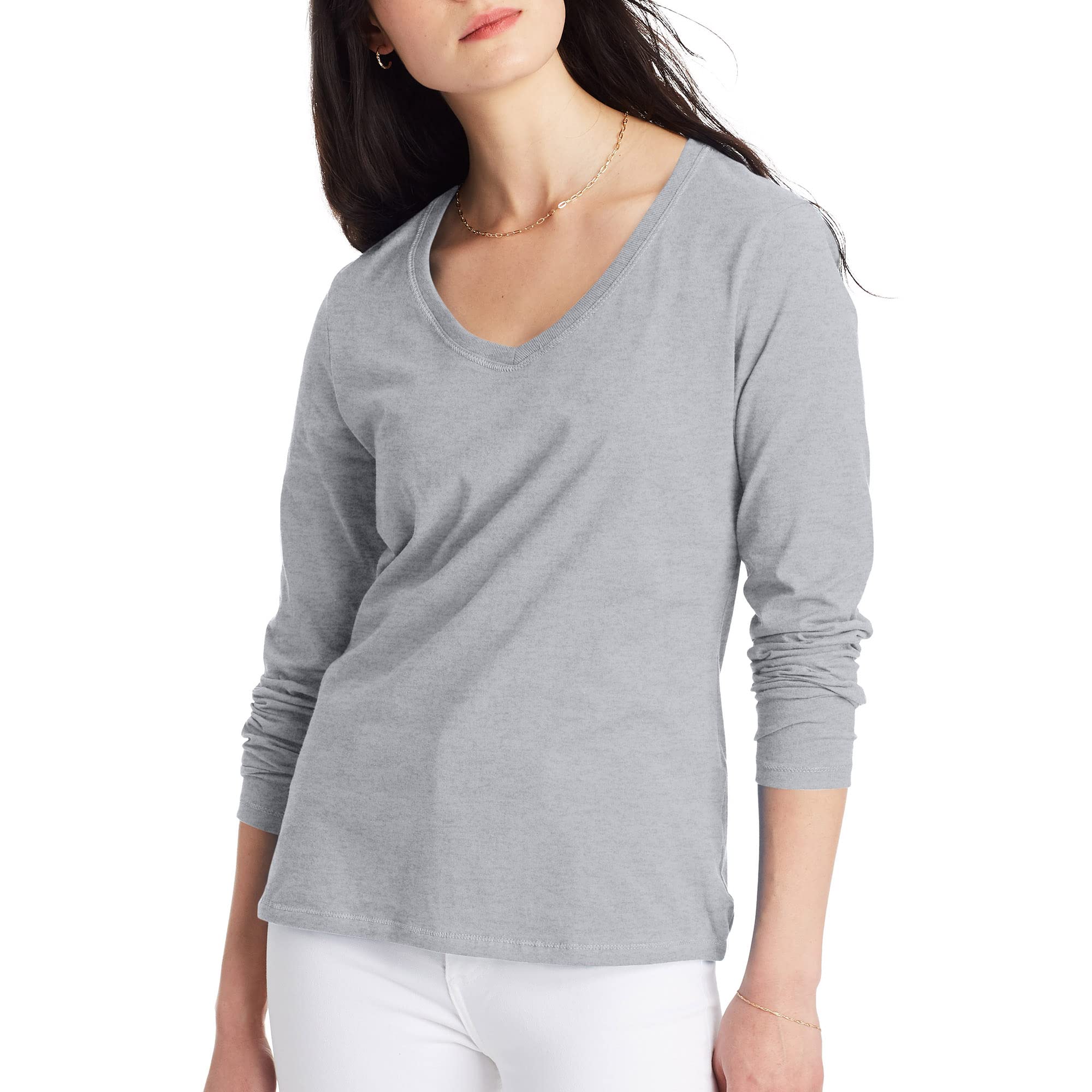 Hanes Women's Long Sleeve Cotton V-Neck T-Shirt, Lightweight V-Neck Tee, Modern Fit