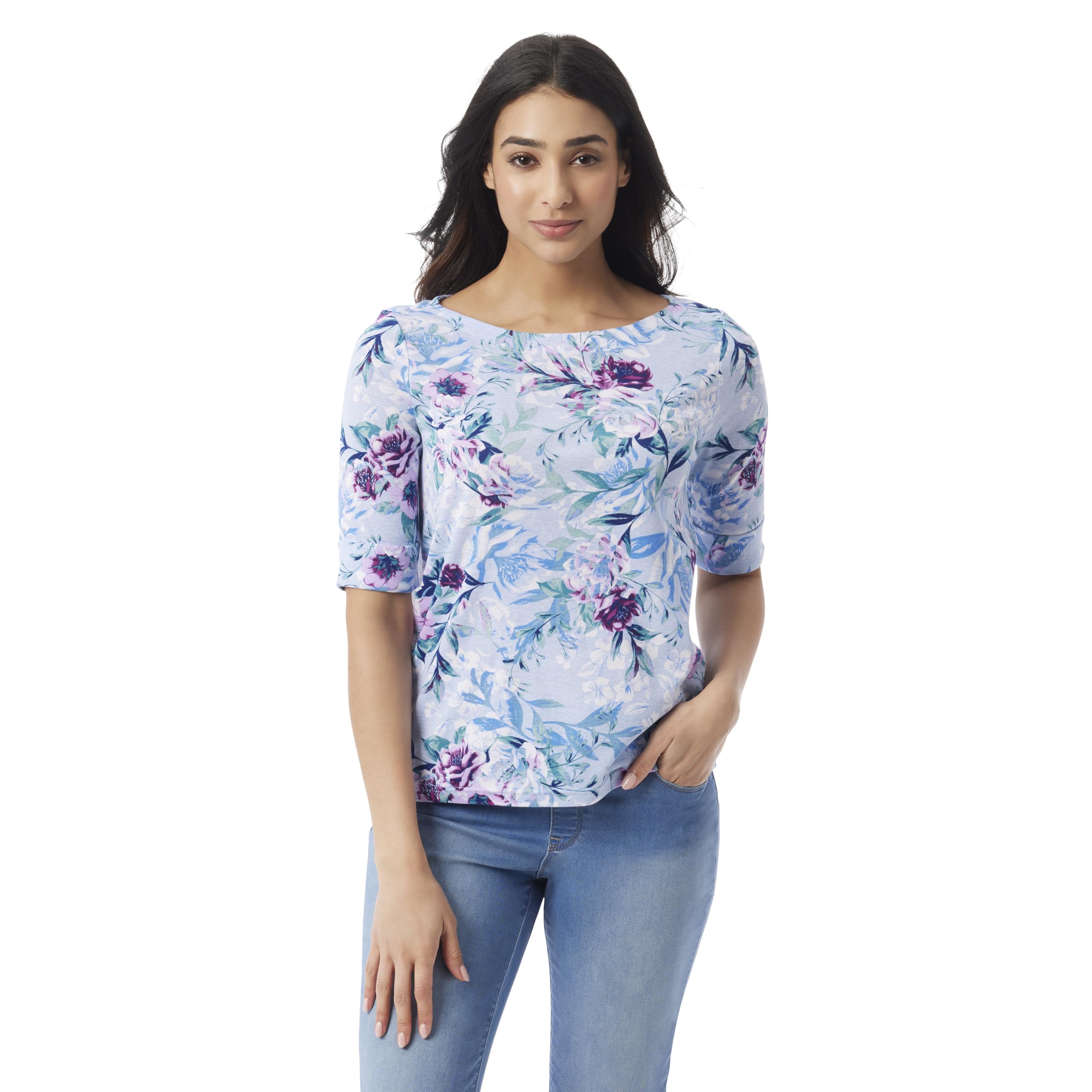 Gloria Vanderbilt Women's Alanis Boat Neck Knit Tee Shirt with Elbow Sleeves Standard