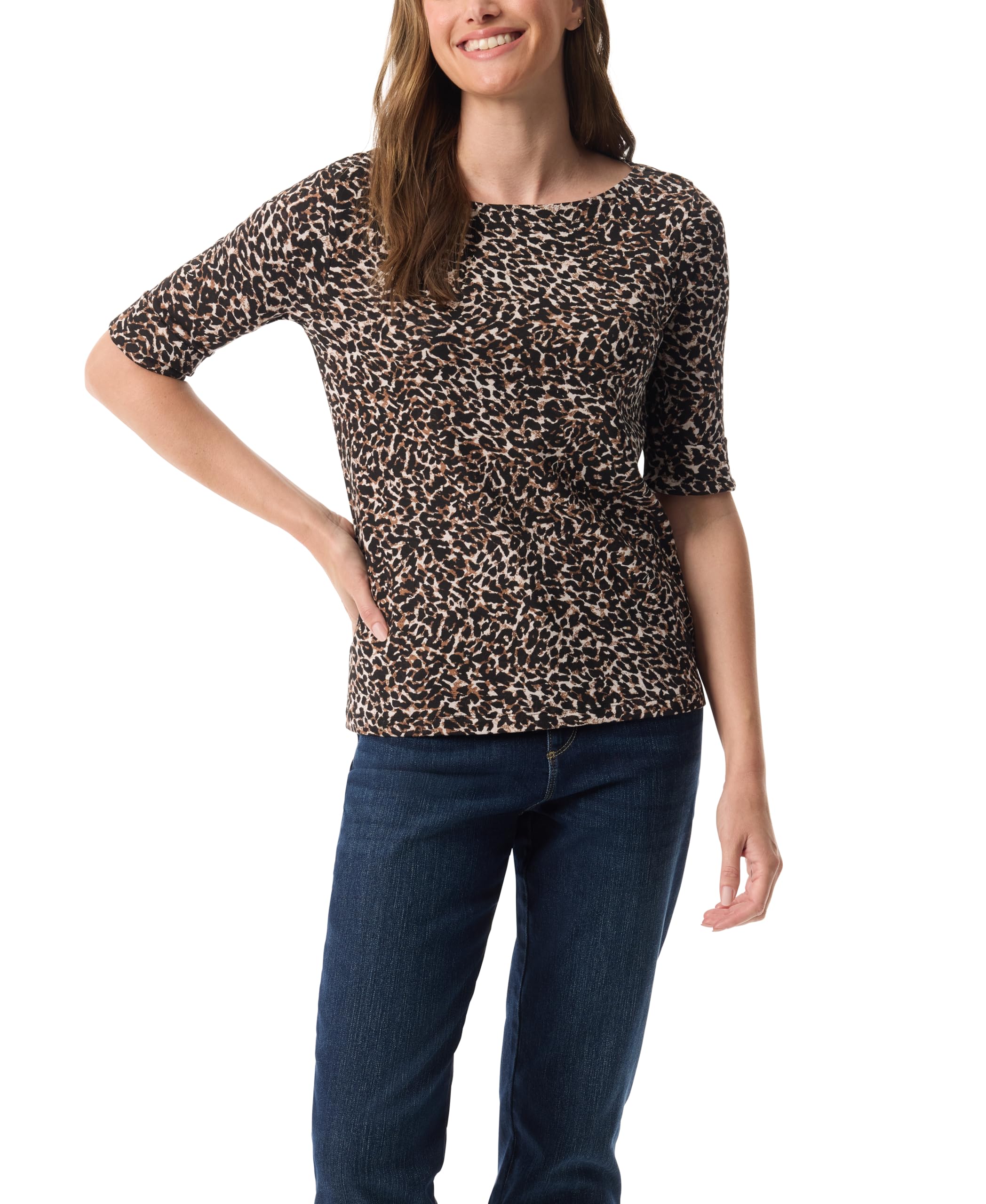 Gloria Vanderbilt Women's Alanis Boat Neck Knit Tee Shirt with Elbow Sleeves Standard
