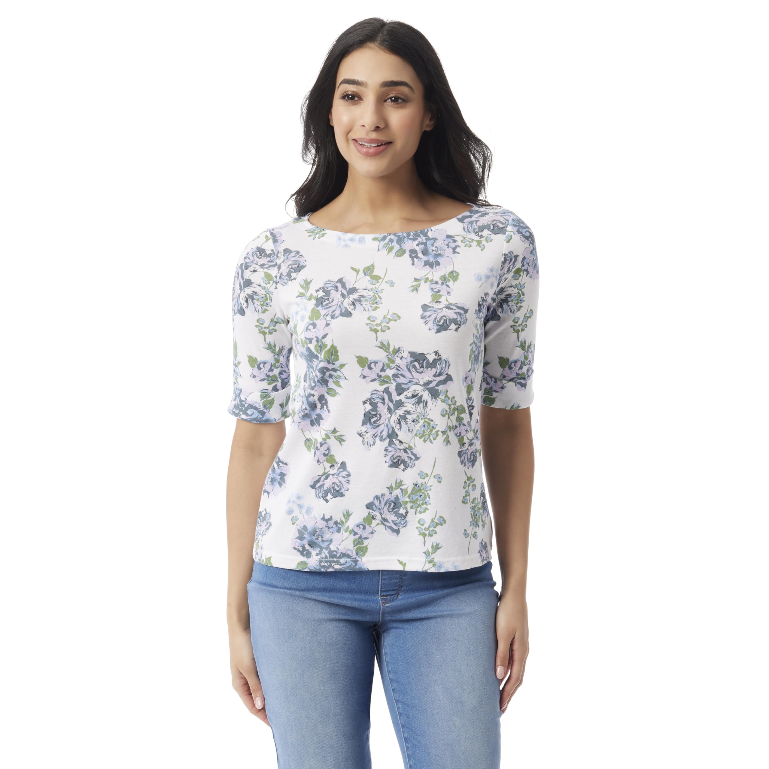 Gloria Vanderbilt Women's Alanis Boat Neck Knit Tee Shirt with Elbow Sleeves Standard