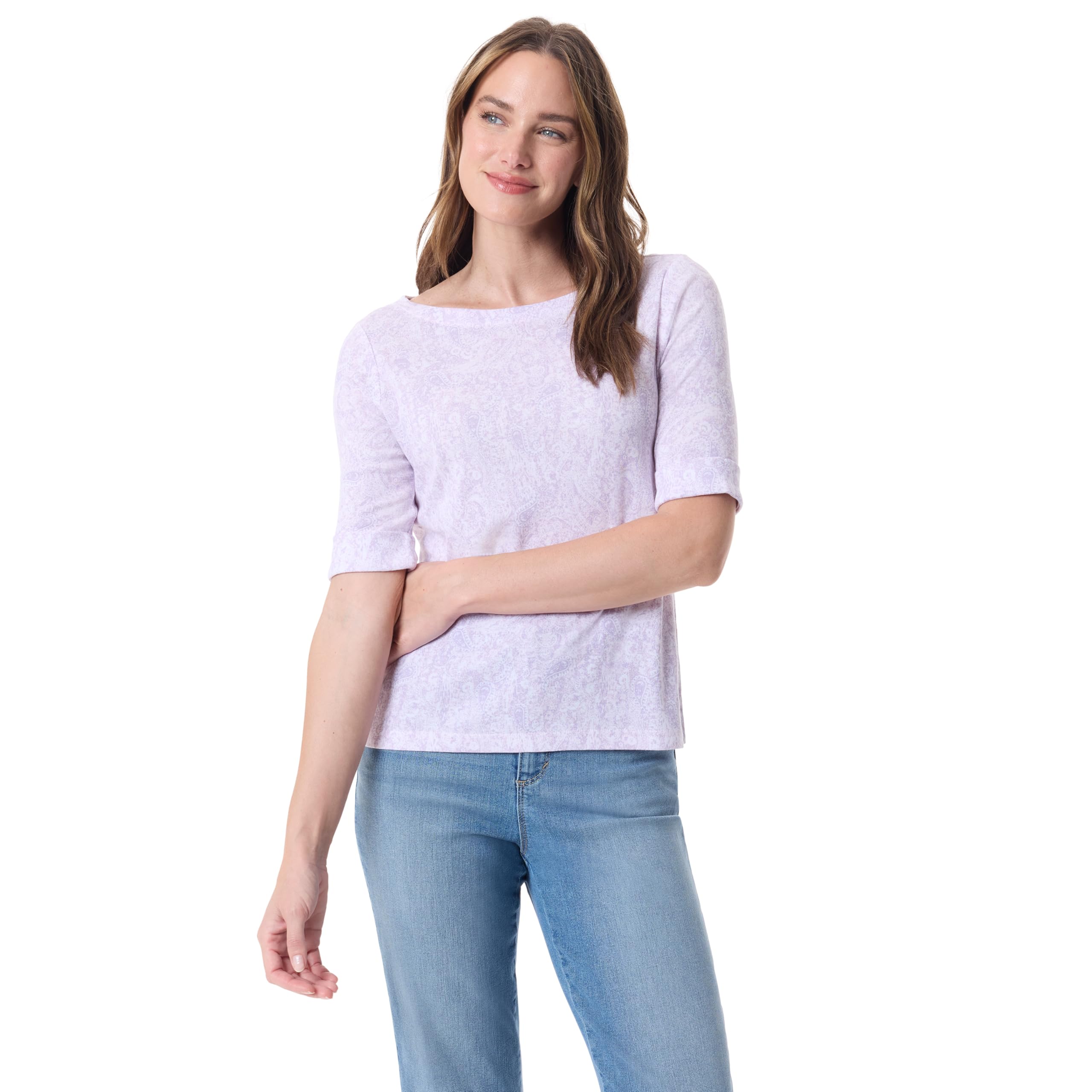 Gloria Vanderbilt Women's Alanis Boat Neck Knit Tee Shirt with Elbow Sleeves Standard