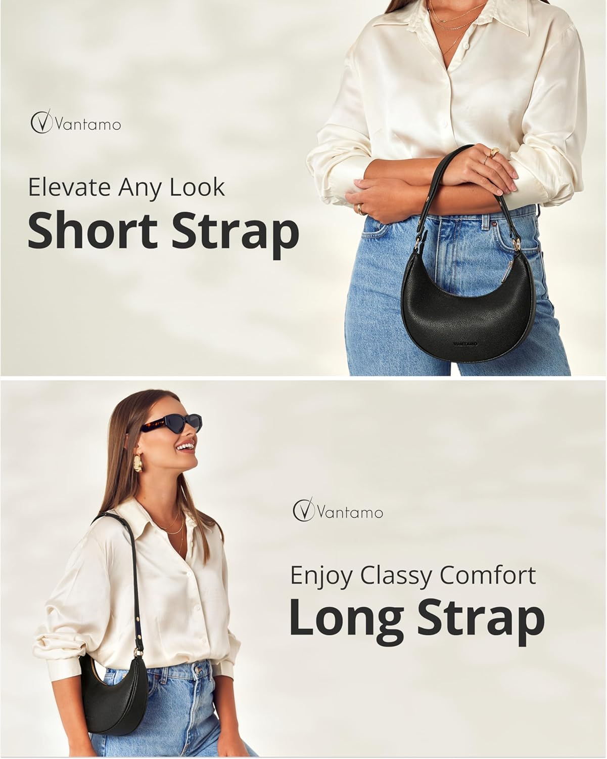 Vantamo Crescent Bags For Women with RFID Protection, Half Moon Clutch Purses for Women with Anti-Theft Clip for Extra Safety