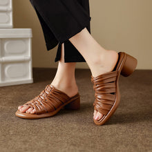Load image into Gallery viewer, Women's Ruched Slide Sandals | Genuine Lambskin Block Heel Open-Toe Mules