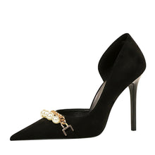 Load image into Gallery viewer, Women's Pearl-Embellished Metallic Chain Pointed-Toe Pumps - Elegant Side-Cutout Heels