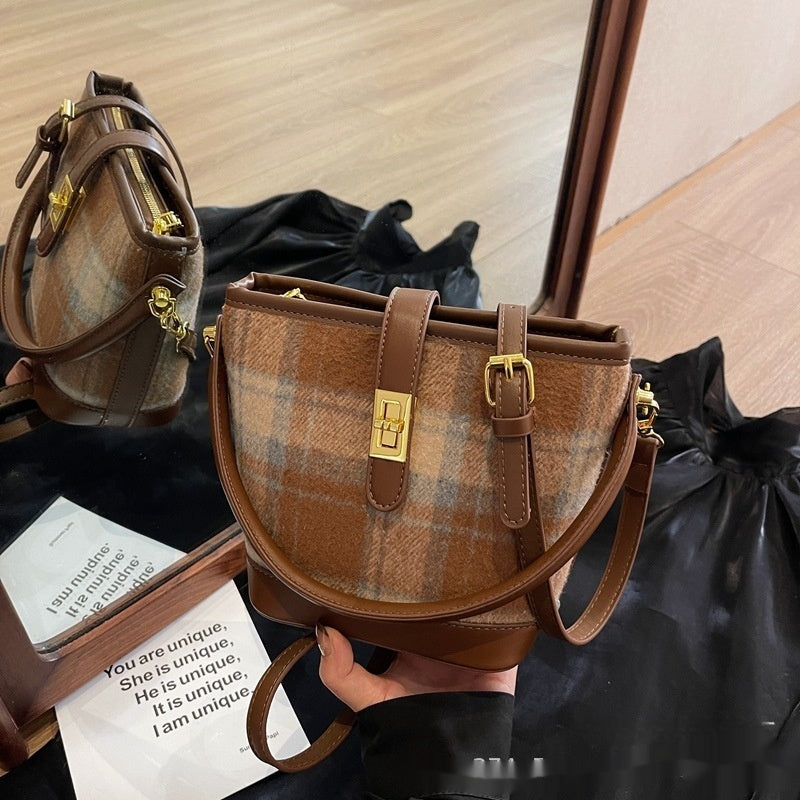 Vintage Plaid Suede Tote Bucket Bag - Korean Style Shoulder Handbag for Women