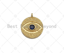 Load image into Gallery viewer, Cobalt  CZ Micro Pave Round Evil Eye on Disc Pendant/Charm, Lucky eye Cubic Zirconia Pendant, 24K Gold Tone,16x18mm,Sku#L305