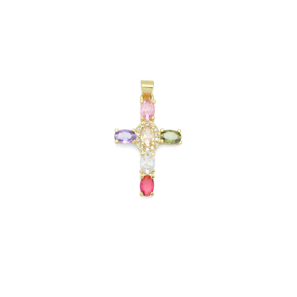 Gold Colorful Oval CZ Cross Charm Pendant, Sku#LD640