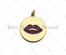 Load image into Gallery viewer, CZ Micro Pave Fuchsia Lip On Round Coin Shape Pendant Charm, Cubic Zirconia Lip Charm, Real Gold Plated Charm,20x22mm,Sku#L356