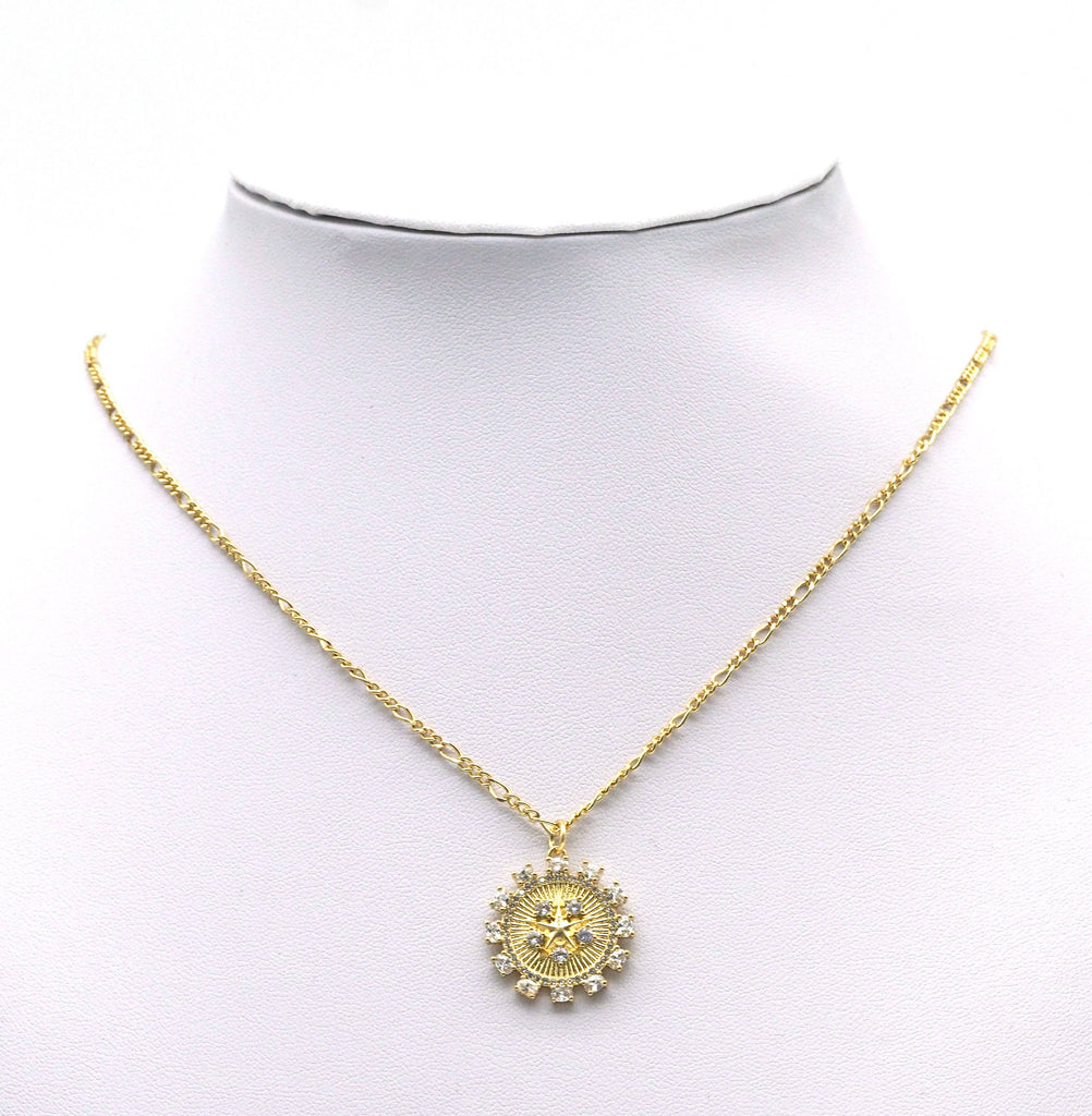 Gold CZ Embossed Five Point Star On Round Flower Charm, Sku#F1508