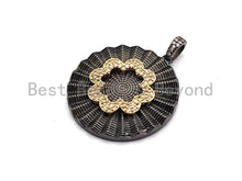 Load image into Gallery viewer, CZ Clear/Black Micro Pave Round With Flower Pendant, CZ Pave Pendant, Gold/Rose Gold/Silver/Gunmetal plated, 36x38mm, Sku#F772