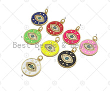 Load image into Gallery viewer, CZ Micro Pave Evil Eye On Colorful Enamel Round Coin Shape Pendant, 18K Gold Enamel Medallion Charm, Enamel Jewelry,17x19mm,Sku#L522