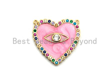 Load image into Gallery viewer, CZ Colorful Micro Pave Enamel Heart With Evil Eye Pendant, Pink Heart ,Heart Shaped Pave Pendant, Gold plated, 26x27mm, Sku#F852