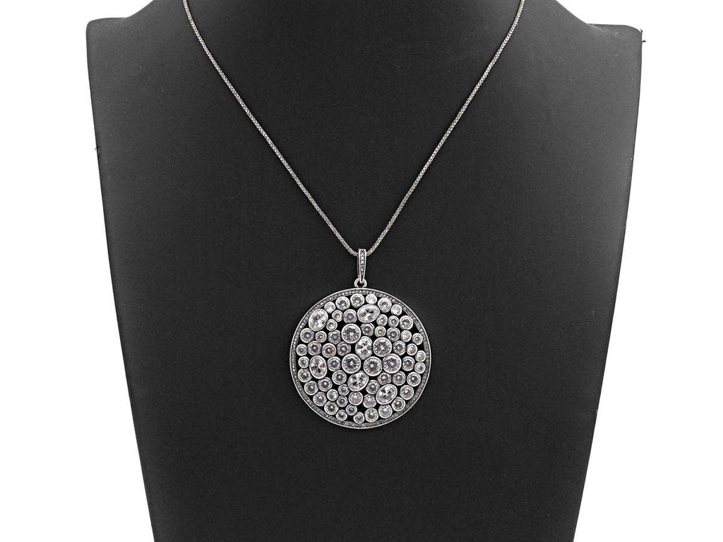 Anitique Finish CZ Micro Pave Large Round Pendant, Antique Silver Tone, Cubic Zirconia Big Pave Pendant, 49x53mm,sku#F979