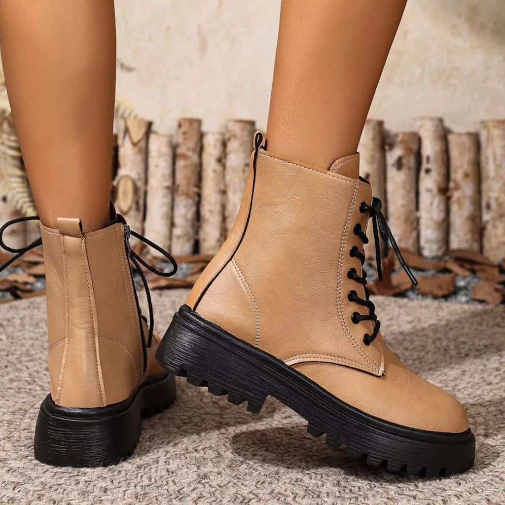 Women's Lace-Up Ankle Combat Boots | Low Heel PU Leather | Khaki Pink Brown