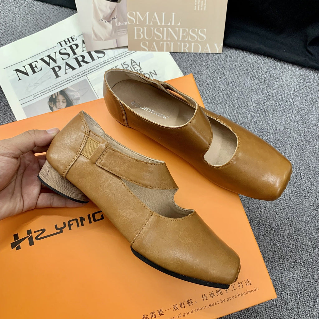 Women's Vintage Square-Toe Ballet Flats | Chunky Heel & Flat Sole Slip-On Shoes