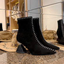 Load image into Gallery viewer, Women's Suede Pointed Toe Chunky Heel Ankle Boots – Back Zipper | Sizes 34–40