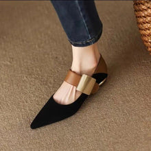 Load image into Gallery viewer, Women's Metallic Buckle Colorblock Chunky Heel Pumps – Slip-On Block Heel Shoes