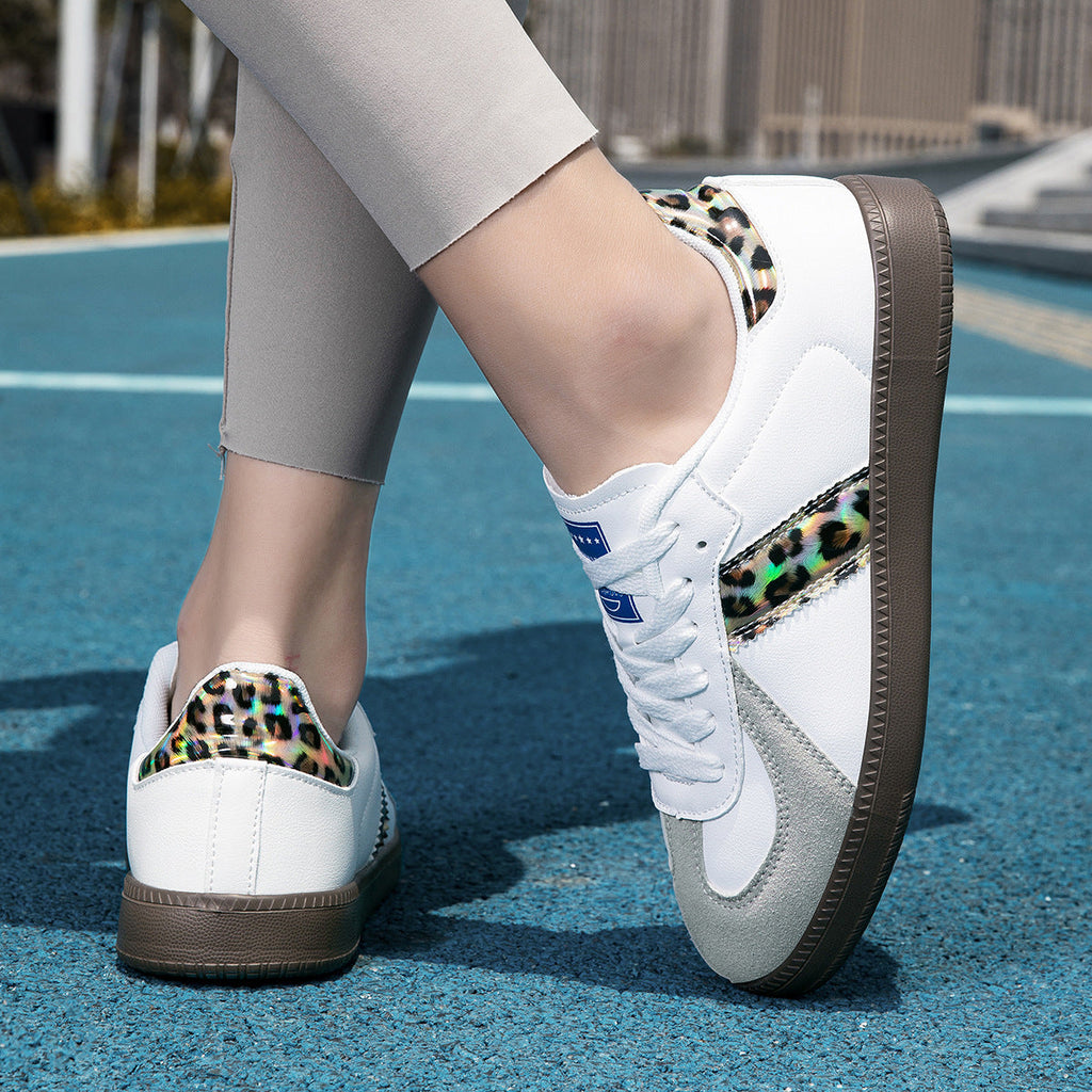 Women's Leopard Print Lace-Up Casual Sneakers | Color-Block Low-Top Flat Shoes