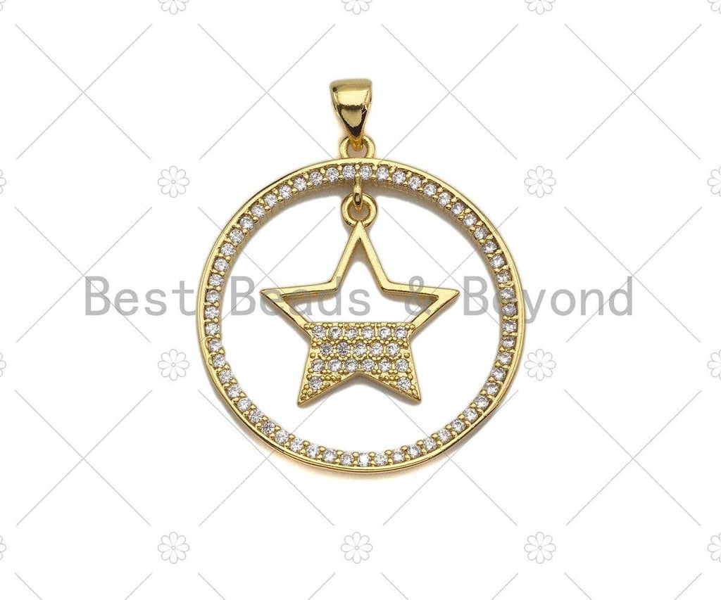 18k Shiny Gold Dangle Heart Dangle Star On Round Ring Charms, Gold Plated Charms, Heart Pendant, Gold Pendant, 27x29mm,Sku#LK141