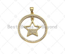 Load image into Gallery viewer, 18k Shiny Gold Dangle Heart Dangle Star On Round Ring Charms, Gold Plated Charms, Heart Pendant, Gold Pendant, 27x29mm,Sku#LK141