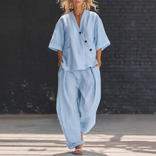 Load image into Gallery viewer, V-Neck Short Sleeve Top &amp; High-Waist Trousers Two-Piece Set