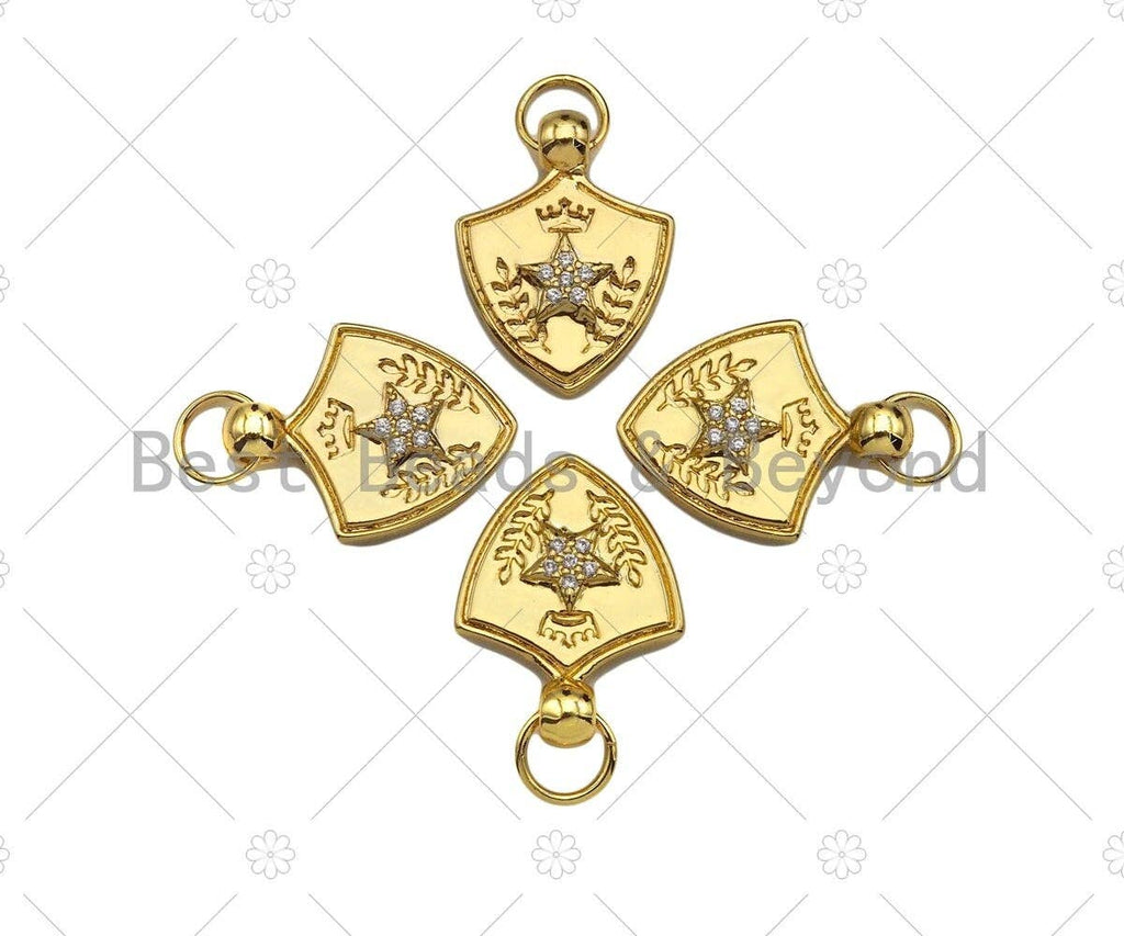 CZ Micro Pave Five Star Crown On Shield  Shape Pendant/Charm,Cubic Zirconia Charm, Shield Necklace Bracelet Charm Pendant,19x25mm, Sku#L473