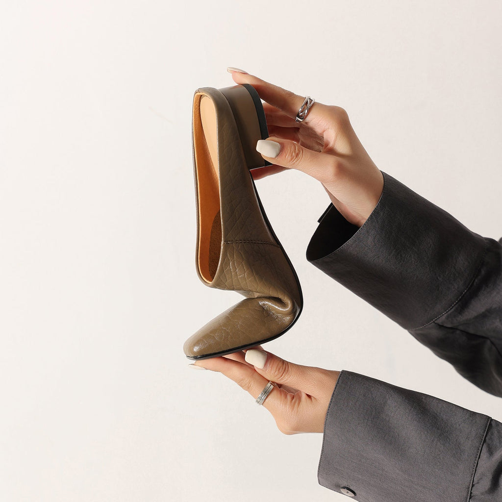 Women's Square Toe Cowhide Mules | Low Block Heel Slip-On Backless Shoes