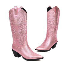 Load image into Gallery viewer, Women's Tall Western Boots – Embroidered Sequin Chunky Heel High Boot | Black, White &amp; Pink