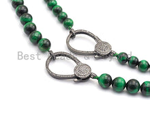 Load image into Gallery viewer, Green Tiger Eye Attachment Necklace with Large CZ Pave Gunmetal clasp, 18 long, sku#D37