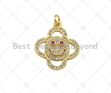 Load image into Gallery viewer, CZ Micro Pave Smiley Face with Fuchsia Eye On Clover Shape Pendant, 18K Gold Charm, Necklace Bracelet Charm Pendant,18x21mm,Sku#LK306