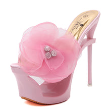 Load image into Gallery viewer, Women's Diamond-Embellished Chiffon Floral Open-Toe Heels | Satin-Trimmed Dress Shoes