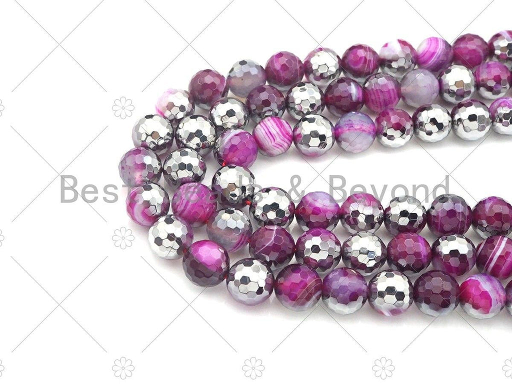 Natural Half Silver Pink Agate Beads, 8mm/10mm/12mm Round Faceted Pink Agate Beads, 15.5 Full Strand, sku# UA120