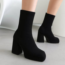 Load image into Gallery viewer, Women's Square Toe Chunky Heel Slip-On Ankle Boots | Block Heel Booties