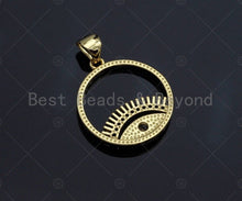 Load image into Gallery viewer, 18k Dainty Gold Evil Eye With Long Eyelash On Round Ring Shape Charms, Dainty Charms,Round Ring Necklace Charms, 18x20mm, Sku#LK173