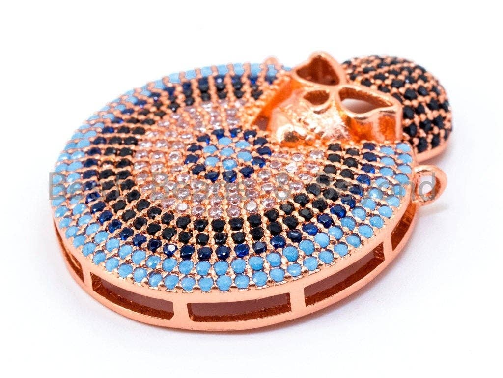 CZ Micro Pave Turquoise Black Skull on Round Disc Pendant, 27x32mm, sku#L4