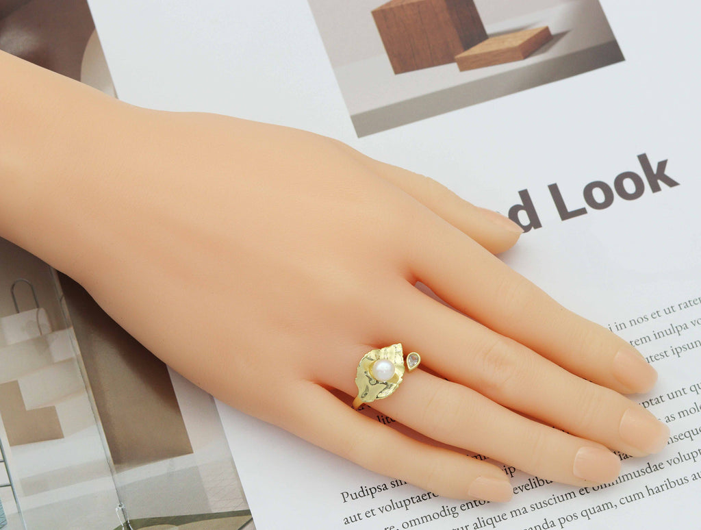 CZ Leaf with Pearl Adjustable Ring, Sku#LD262