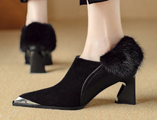 Load image into Gallery viewer, Women's Retro Pointed-Toe Chunky Heel Suede Boots with Side Zipper | Black &amp; Brown