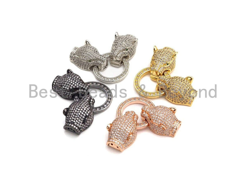 LARGE Clear CZ Micro Pave Panther Leopard Head Box Insert Clasp, Leopard Head Connector, Men's Jewelry Finding, 14x50mm, sku#C110