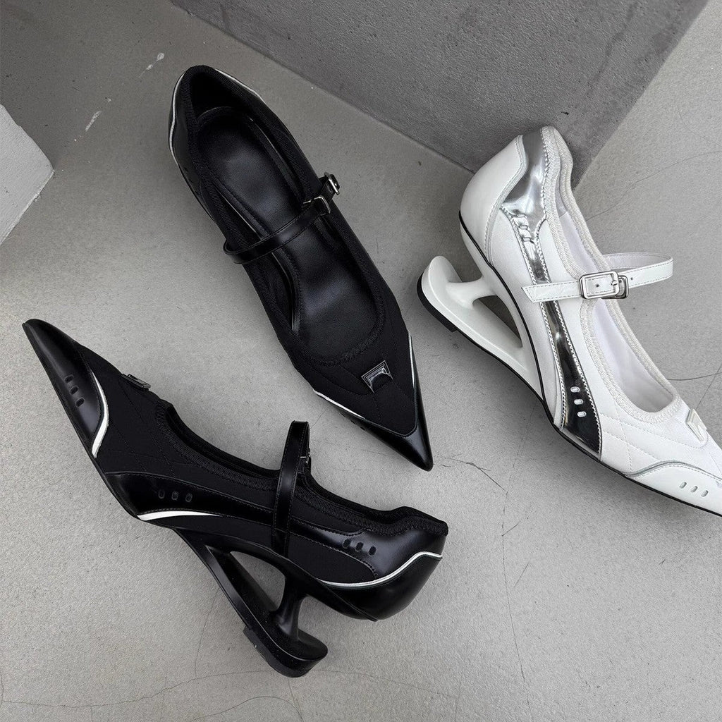 Women's French-Style Pointed-Toe Buckle Heels – Chunky Stiletto Pumps in White & Black