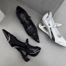 Load image into Gallery viewer, Women's French-Style Pointed-Toe Buckle Heels – Chunky Stiletto Pumps in White &amp; Black