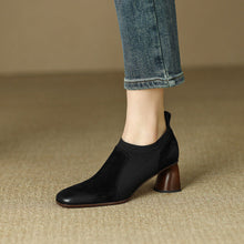 Load image into Gallery viewer, Women's Square Toe Chunky Heel Slip-On Pumps | Knitted Patchwork Leather High Heels | Black &amp; Brown