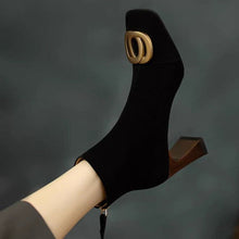 Load image into Gallery viewer, Women's Retro Chunky Heel Short Boots – Square Toe, Metal Buckle &amp; Side Zipper | Suede Upper