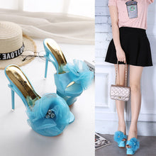 Load image into Gallery viewer, Women's Diamond-Embellished Chiffon Floral Open-Toe Heels | Satin-Trimmed Dress Shoes
