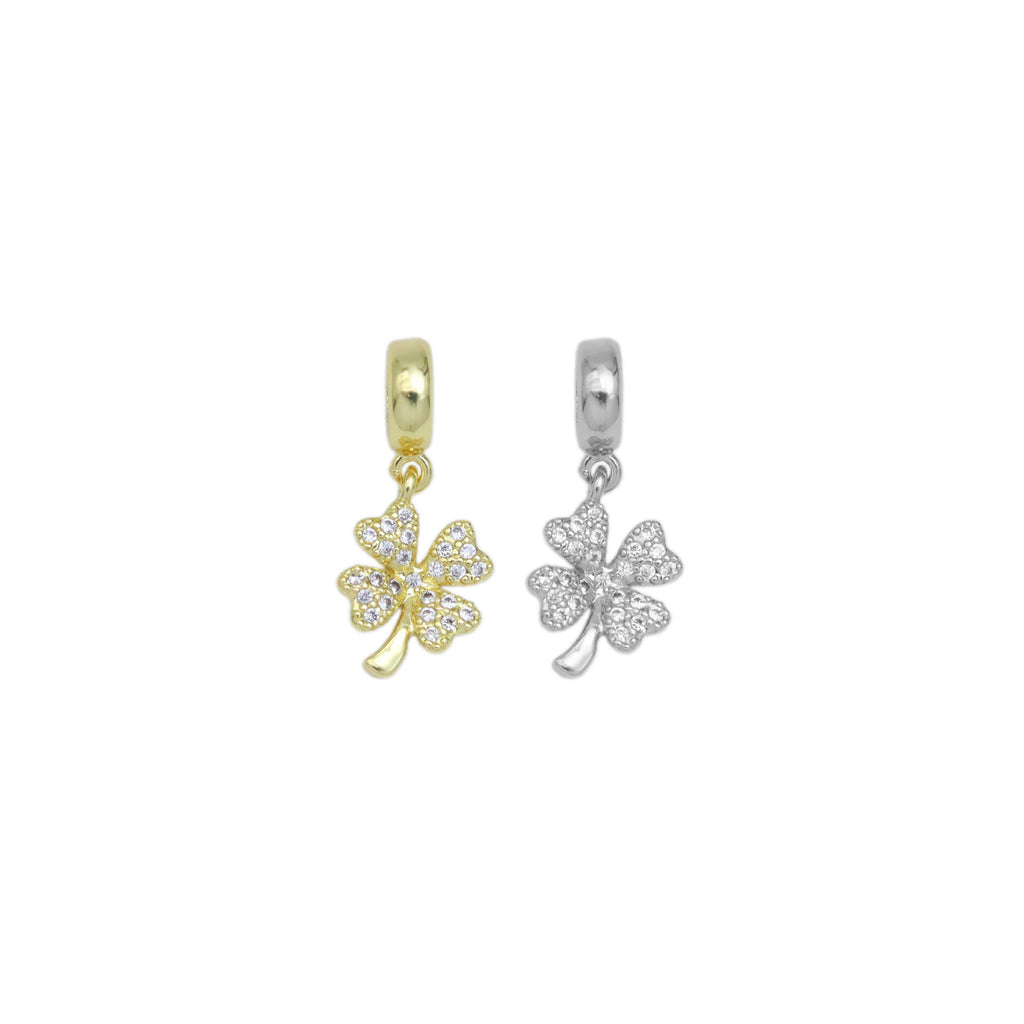 Gold/Silver CZ Micro Pave Lucky Clover Pendant, Big hole Eur