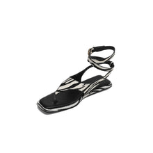 Load image into Gallery viewer, Women's Zebra Print Flat Sandals | Handmade Calf Hair Leather Thong Ankle Strap